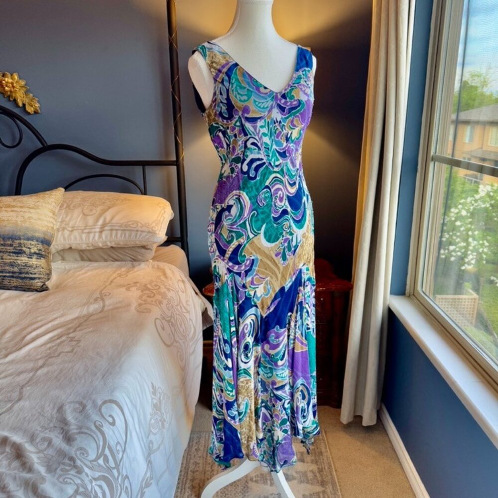 Bellissima Vintage Y2K Swirl Pattern Multicolour Beaded Chiffon Dress